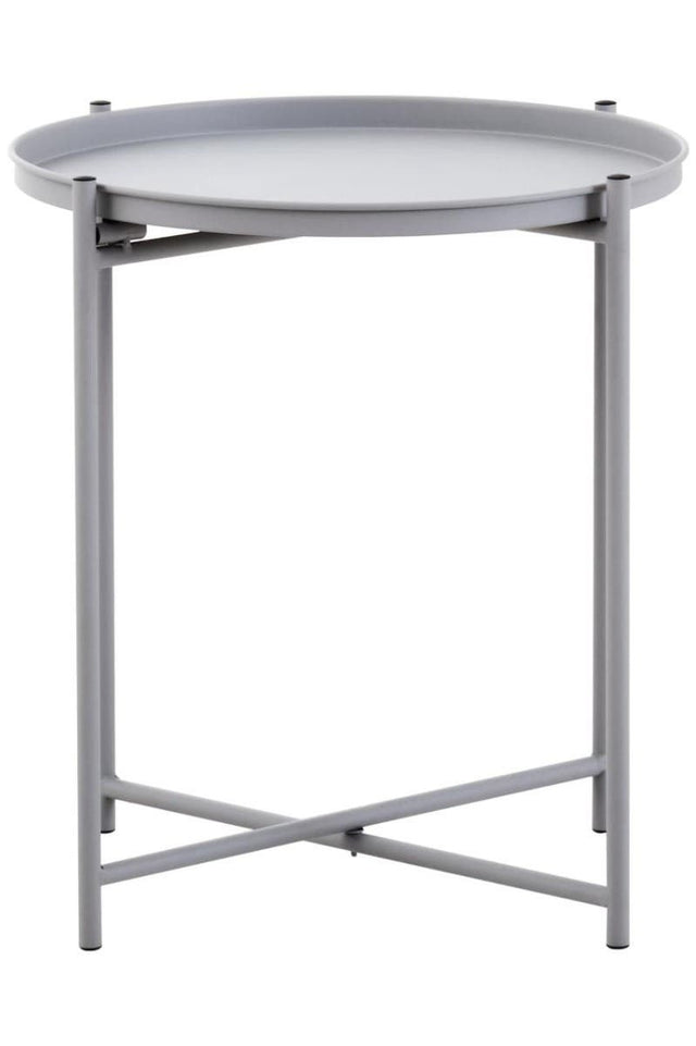 Round grey iron side table with a smooth top and a minimalist design, featuring a sturdy cross-legged base for stability. The table has a modern aesthetic suitable for various home decor styles