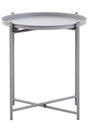 Round grey iron side table with a smooth top and a minimalist design, featuring a sturdy cross-legged base for stability. The table has a modern aesthetic suitable for various home decor styles