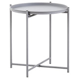 Round grey tabletop supported by a sleek, minimalist iron frame with four legs, featuring a crossbar for added stability. The design is modern and functional, suitable for various home decor styles