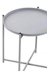 Round grey iron side table with a smooth surface and slender legs, featuring a minimalist design that complements modern decor