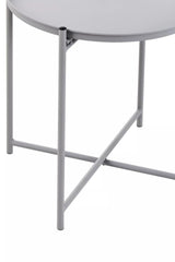 Round grey tabletop supported by a sleek, minimalist iron frame with a crossbar for stability. The design features clean lines and a modern aesthetic, suitable for various home decor styles