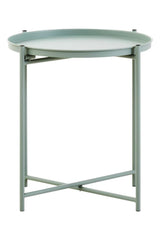 A round side table with a green iron frame and a smooth, light-colored top, featuring a minimalist design and crossed legs for stability
