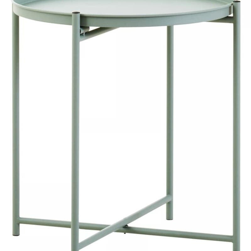 Round side table with a green iron frame and a smooth, circular top. The table features slender legs and a crossbar for added stability, showcasing a minimalist design suitable for modern home decor