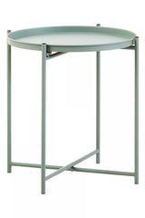 Round side table with a green iron frame and a smooth, circular top. The table features slender legs and a crossbar for added stability, showcasing a minimalist design suitable for modern home decor