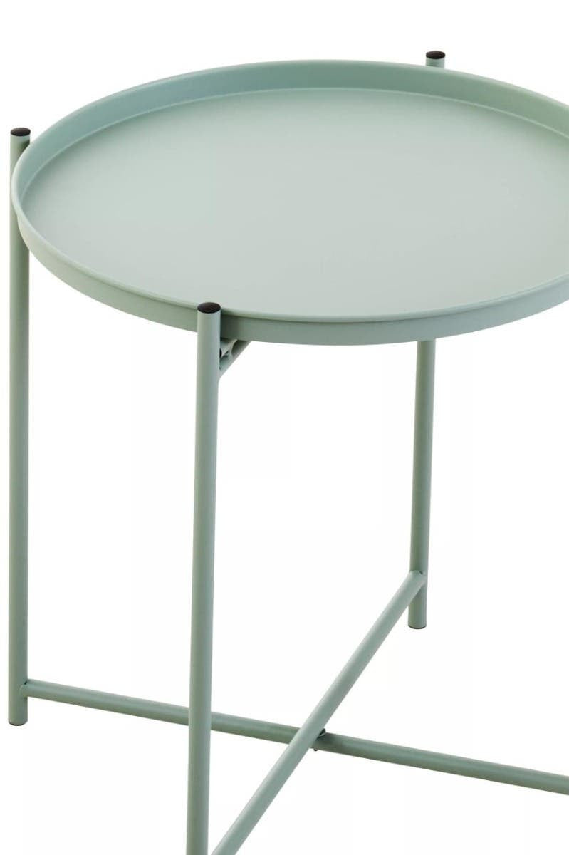 Round green iron side table with a smooth top and four slender legs, featuring a minimalist design suitable for modern home decor