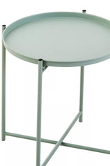 Round green iron side table with a smooth top and four slender legs, featuring a minimalist design suitable for modern home decor