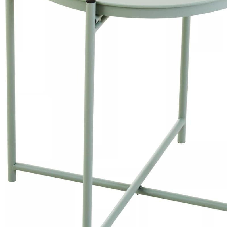 Round green iron side table with a smooth top and slender legs, featuring a minimalist design and crossbar support for stability