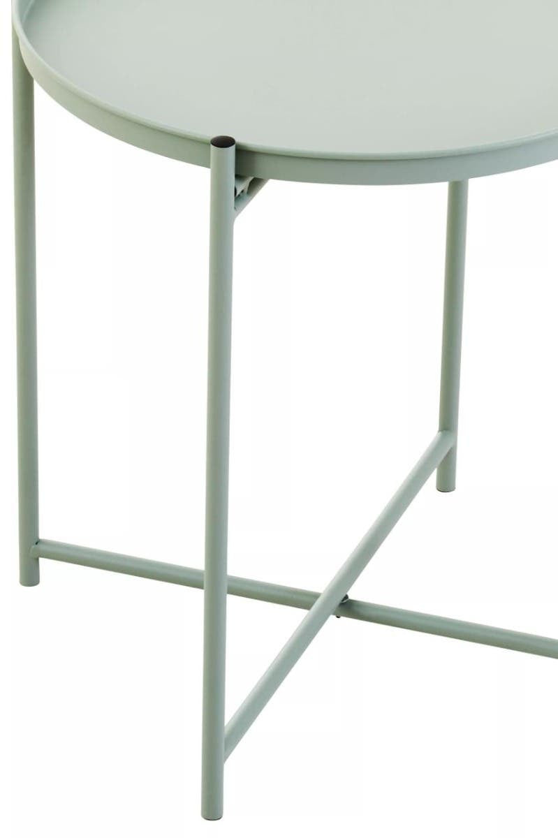 Round green iron side table with a smooth top and slender legs, featuring a minimalist design and crossbar support for stability