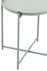 Round green iron side table with a smooth top and slender legs, featuring a minimalist design and crossbar support for stability