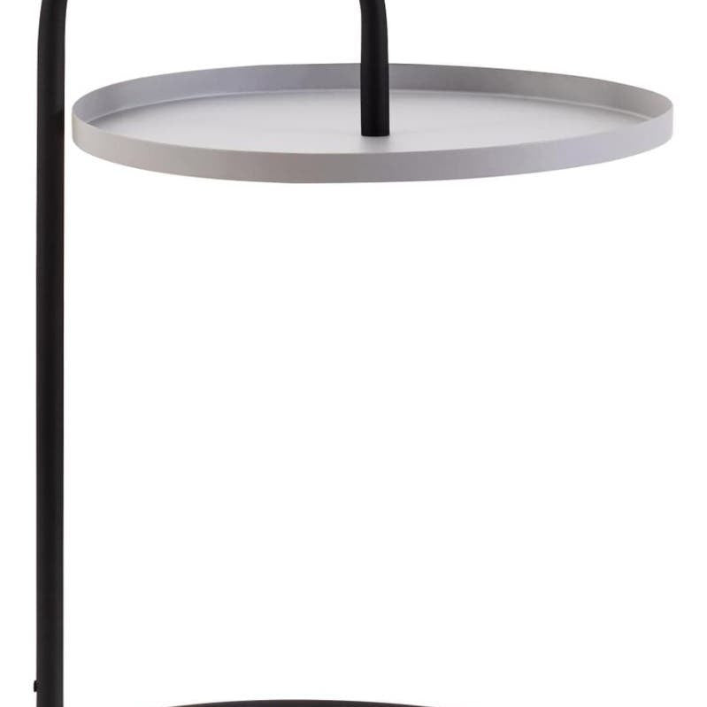 A modern side table featuring a circular grey top supported by a sleek black metal frame. The design includes a curved handle that arches over the tabletop, creating a hanging effect, and a round base that provides stability