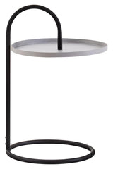 A modern side table featuring a circular grey top supported by a sleek black metal frame. The design includes a curved handle that arches over the tabletop, creating a hanging effect, and a round base that provides stability
