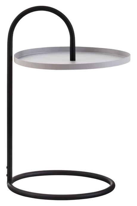 A modern side table featuring a circular grey top supported by a sleek black metal frame. The design includes a curved handle that arches over the tabletop, creating a hanging effect, and a round base that provides stability