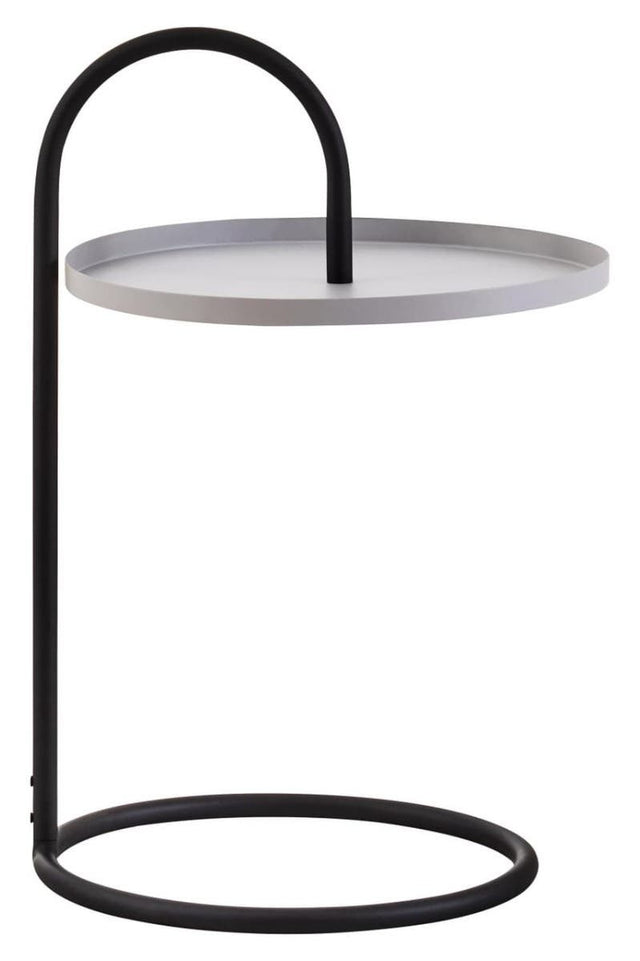 A modern side table featuring a circular grey top supported by a sleek black metal frame. The design includes a curved handle that arches over the tabletop, creating a hanging effect, and a round base that provides stability