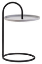 A modern side table featuring a circular grey top supported by a sleek black metal frame. The design includes a curved handle that arches over the tabletop, creating a hanging effect, and a round base that provides stability