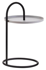 A modern side table featuring a round grey top supported by a sleek black metal frame with a circular base and an arched handle design