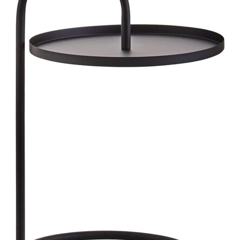 A modern black hanging top side table with a circular surface and a minimalist frame, featuring a curved support that connects the top to a round base. The design emphasizes simplicity and elegance, suitable for various home decor styles