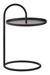 A modern black hanging top side table with a circular surface and a minimalist frame, featuring a curved support that connects the top to a round base. The design emphasizes simplicity and elegance, suitable for various home decor styles