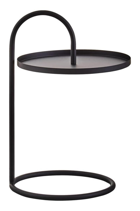 A modern black hanging top side table with a circular surface and a minimalist frame, featuring a curved support that connects the top to a round base. The design emphasizes simplicity and elegance, suitable for various home decor styles