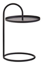 A modern black hanging top side table with a circular surface and a minimalist frame, featuring a curved support that connects the top to a round base. The design emphasizes simplicity and elegance, suitable for various home decor styles