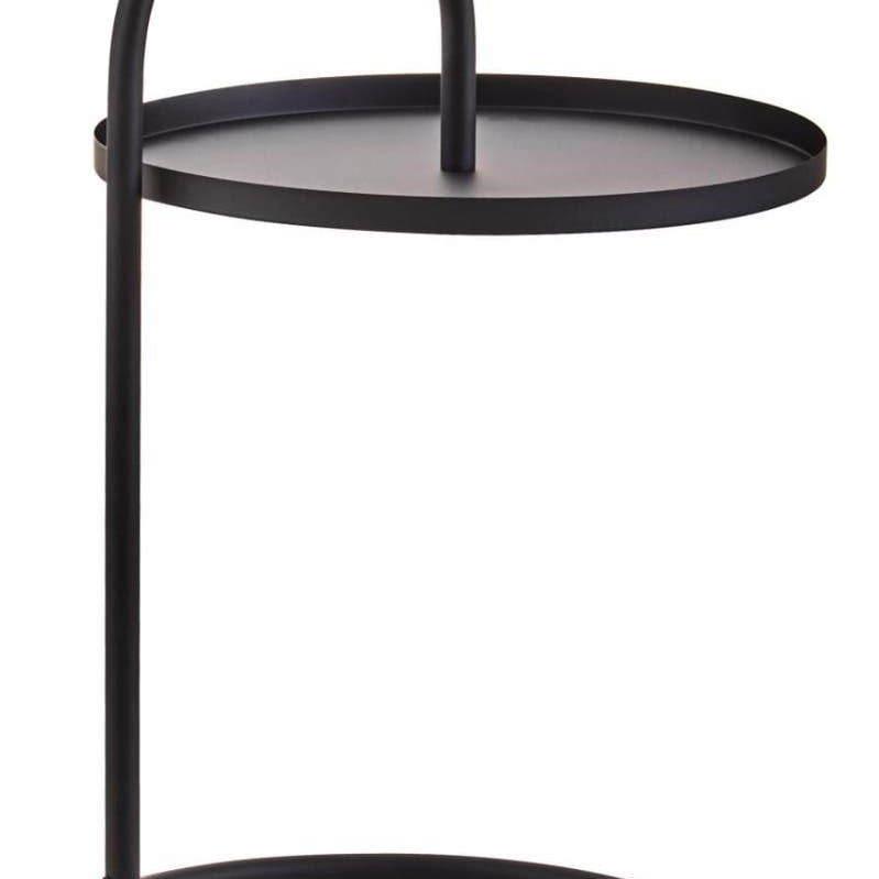 Black hanging top side table with a circular surface and a minimalist design, featuring a curved handle and a round base for stability