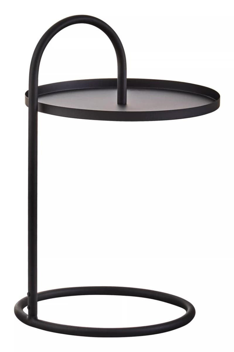 Black hanging top side table with a circular surface and a minimalist design, featuring a curved handle and a round base for stability