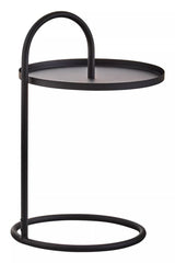 Black hanging top side table with a circular surface and a minimalist design, featuring a curved handle and a round base for stability