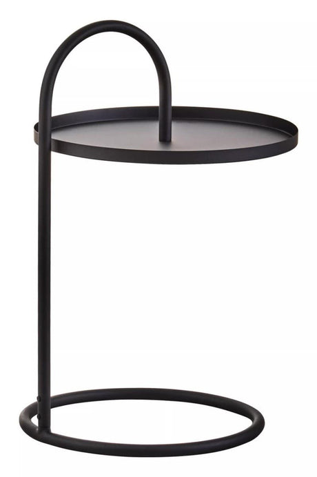 Black hanging top side table with a circular surface and a minimalist design, featuring a curved handle and a round base for stability