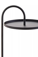 Black hanging side table featuring a circular top with a central support and a curved handle-like design. The table has a minimalist aesthetic with a sleek, modern finish