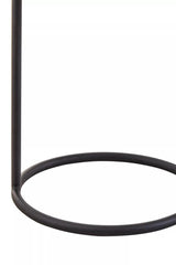 Black metal side table with a circular base and a slender, vertical support, designed for hanging. The minimalist design features clean lines and a modern aesthetic, suitable for various home decor styles