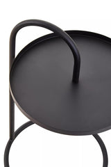 Round black top side table with a minimalist design, featuring a curved handle and a sturdy base. The surface is smooth and matte, while the legs are sleek and circular, providing a modern aesthetic suitable for various home decor styles