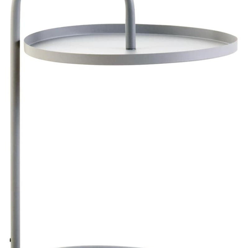 Grey hanging top side table with a circular tabletop and a minimalist metal frame featuring a curved handle and a round base. The design emphasizes simplicity and modern aesthetics