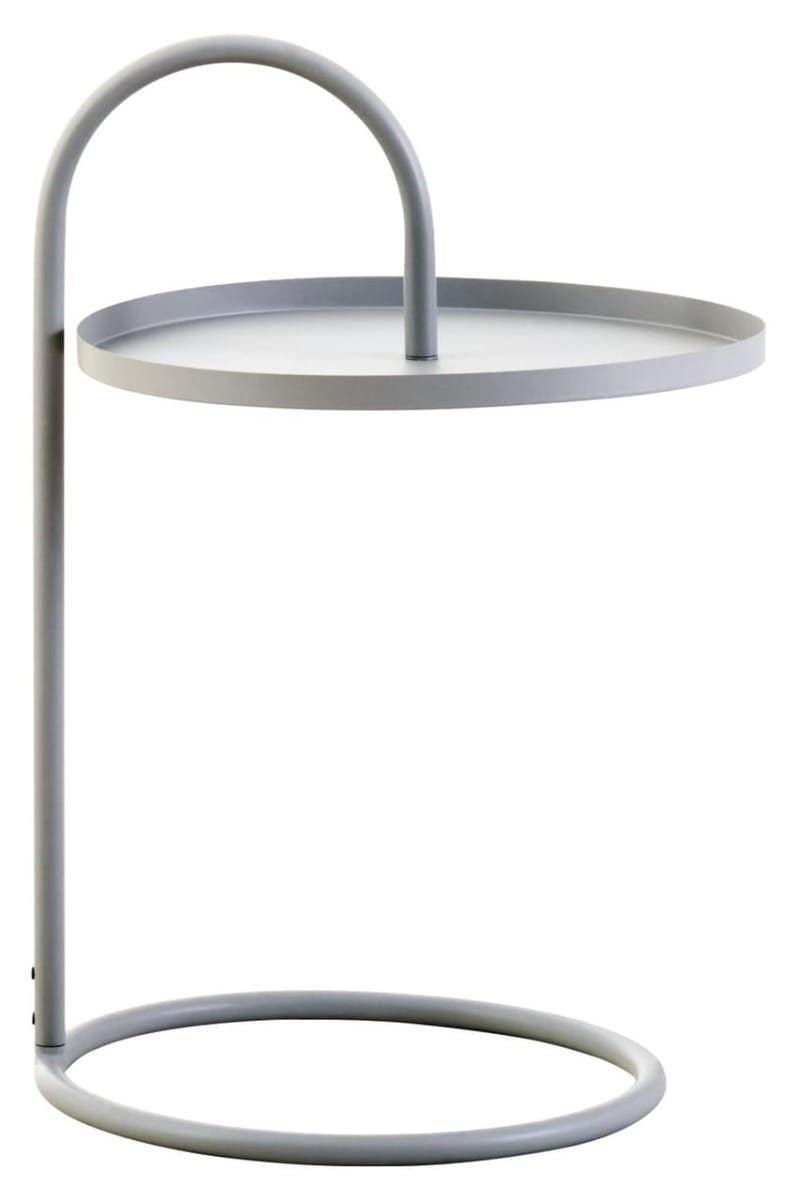 Grey hanging top side table with a circular tabletop and a minimalist metal frame featuring a curved handle and a round base. The design emphasizes simplicity and modern aesthetics