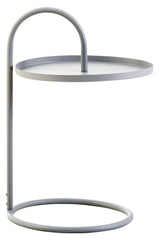Grey hanging top side table with a circular tabletop and a minimalist metal frame featuring a curved handle and a round base. The design emphasizes simplicity and modern aesthetics