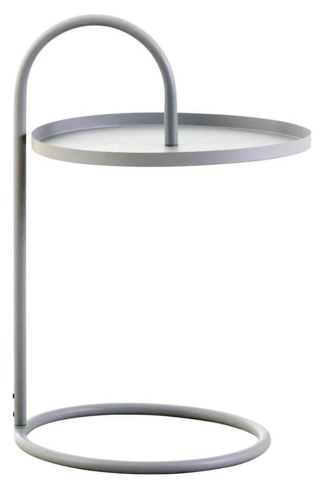 Grey hanging top side table with a circular tabletop and a minimalist metal frame featuring a curved handle and a round base. The design emphasizes simplicity and modern aesthetics