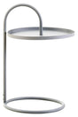 Grey hanging top side table with a circular tabletop and a minimalist metal frame featuring a curved handle and a round base. The design emphasizes simplicity and modern aesthetics