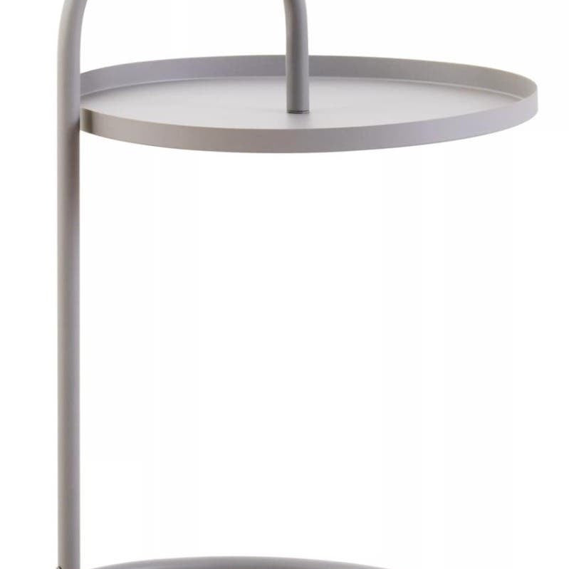 Grey hanging top side table with a circular tabletop and a minimalist design, featuring a curved handle and a round base for stability