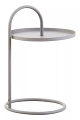 Grey hanging top side table with a circular tabletop and a minimalist design, featuring a curved handle and a round base for stability