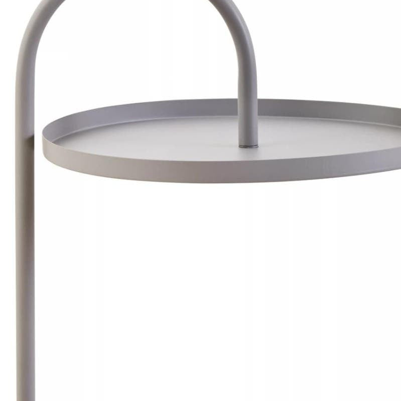 Grey hanging top side table with a circular surface and a curved support arm, designed for modern home decor. The table features a minimalist aesthetic, showcasing a sleek and simple design