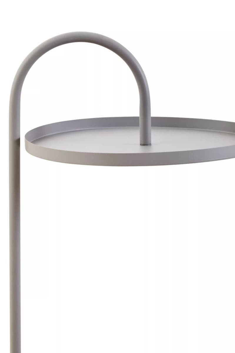 Grey hanging top side table with a circular surface and a curved support arm, designed for modern home decor. The table features a minimalist aesthetic, showcasing a sleek and simple design