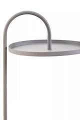 Grey hanging top side table with a circular surface and a curved support arm, designed for modern home decor. The table features a minimalist aesthetic, showcasing a sleek and simple design