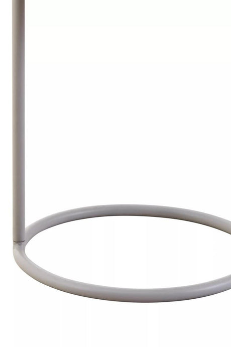Grey metal side table with a circular base and a slender, vertical support, designed to hang a tabletop surface. The minimalist design features clean lines and a modern aesthetic, suitable for contemporary home decor