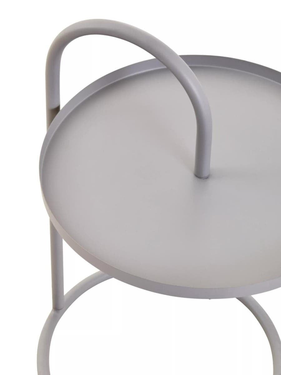 Grey hanging top side table with a round surface and a curved handle, supported by a minimalist metal frame. The design features a smooth finish and a modern aesthetic, suitable for various home decor styles