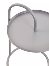 Grey hanging top side table with a round surface and a curved handle, supported by a minimalist metal frame. The design features a smooth finish and a modern aesthetic, suitable for various home decor styles