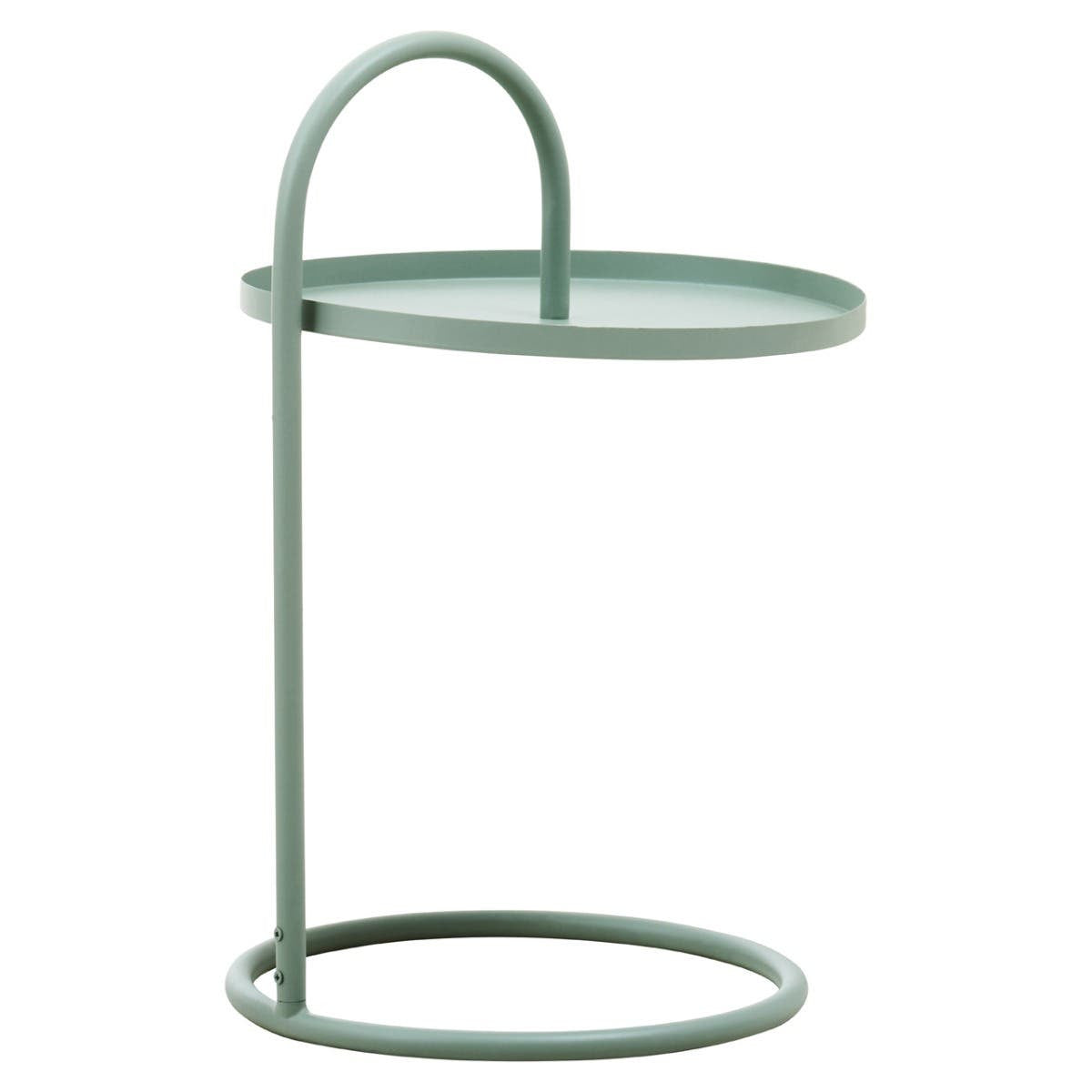 A modern green hanging top side table featuring a circular glass top supported by a sleek metal frame with a curved handle and a round base. The design is minimalist and contemporary, suitable for various home decor styles