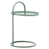 A modern green hanging top side table featuring a circular glass top supported by a sleek metal frame with a curved handle and a round base. The design is minimalist and contemporary, suitable for various home decor styles