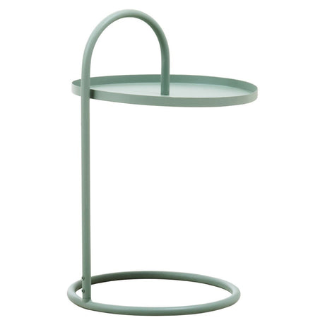 A modern green hanging top side table featuring a circular glass top supported by a sleek metal frame with a curved handle and a round base. The design is minimalist and contemporary, suitable for various home decor styles