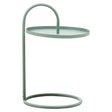 A modern green hanging top side table with a circular glass surface supported by a minimalist metal frame featuring a curved design and a circular base