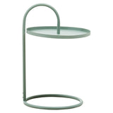 A modern green hanging top side table with a circular glass surface supported by a minimalist metal frame featuring a curved design and a circular base