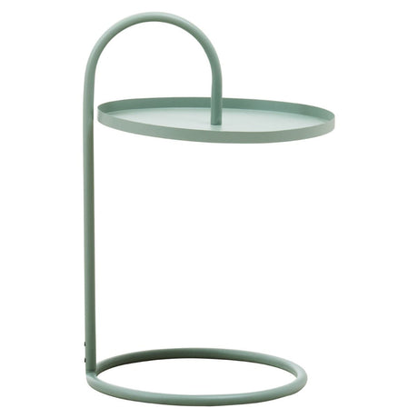 A modern green hanging top side table with a circular glass surface supported by a minimalist metal frame featuring a curved design and a circular base