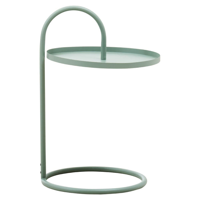 A modern green hanging top side table with a circular glass surface supported by a minimalist metal frame featuring a curved design and a circular base